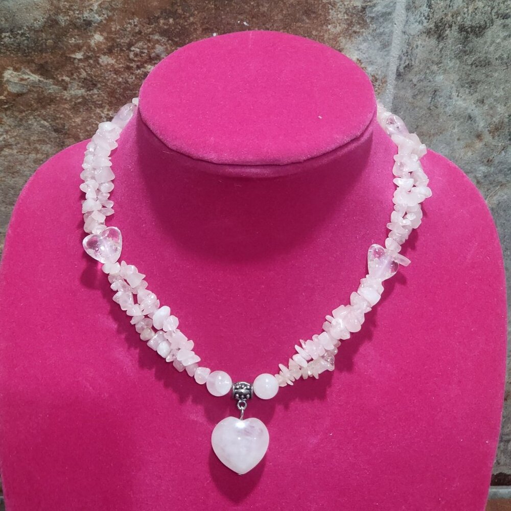 Vintage Rose Quartz Heart Pendant Necklace  Choker Frosted Pink Stone Beaded